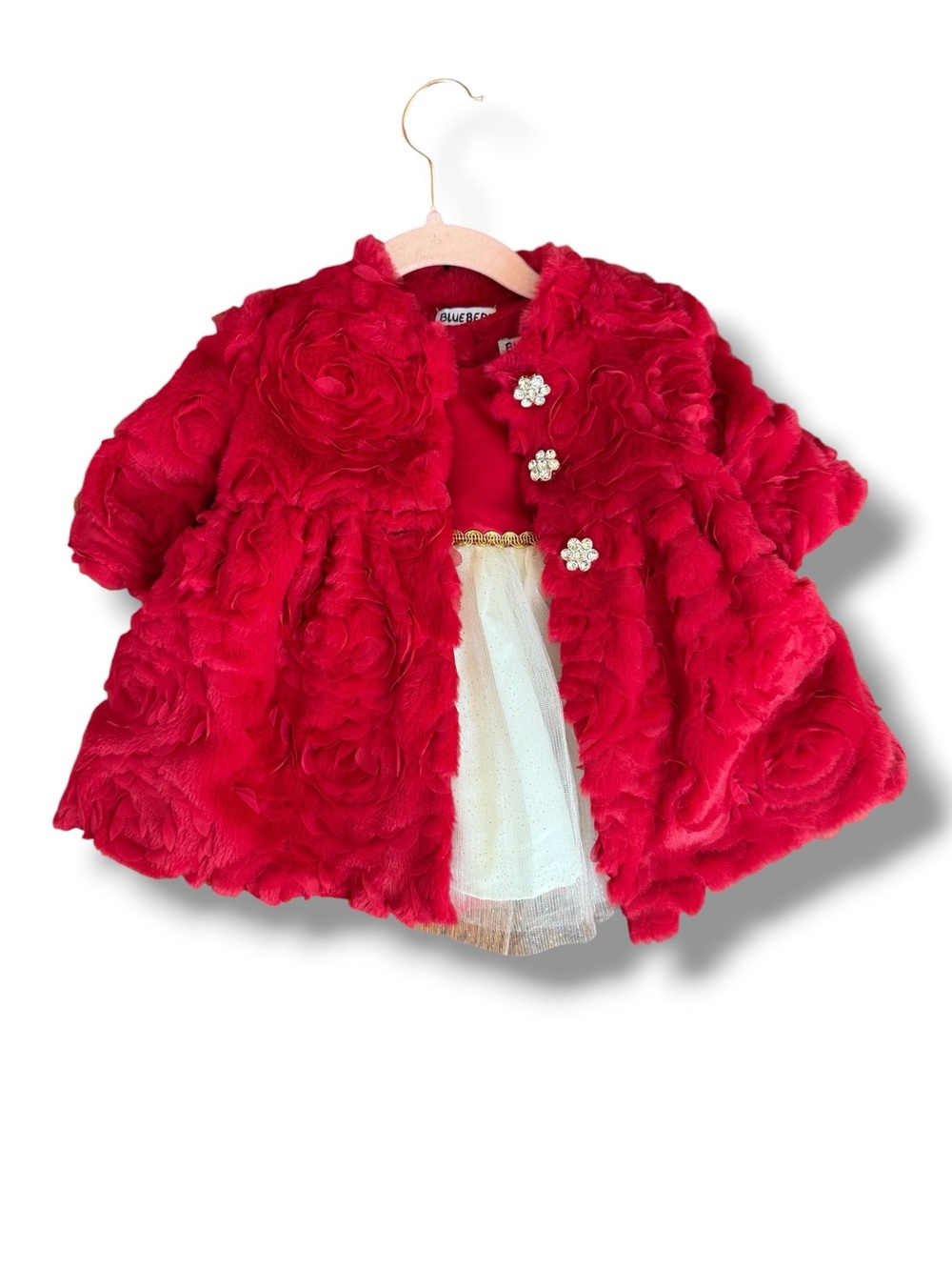 Blueberi Boulevard Red Floral Faux-Fur Girls Dress Coat Holiday Set 3-6 months